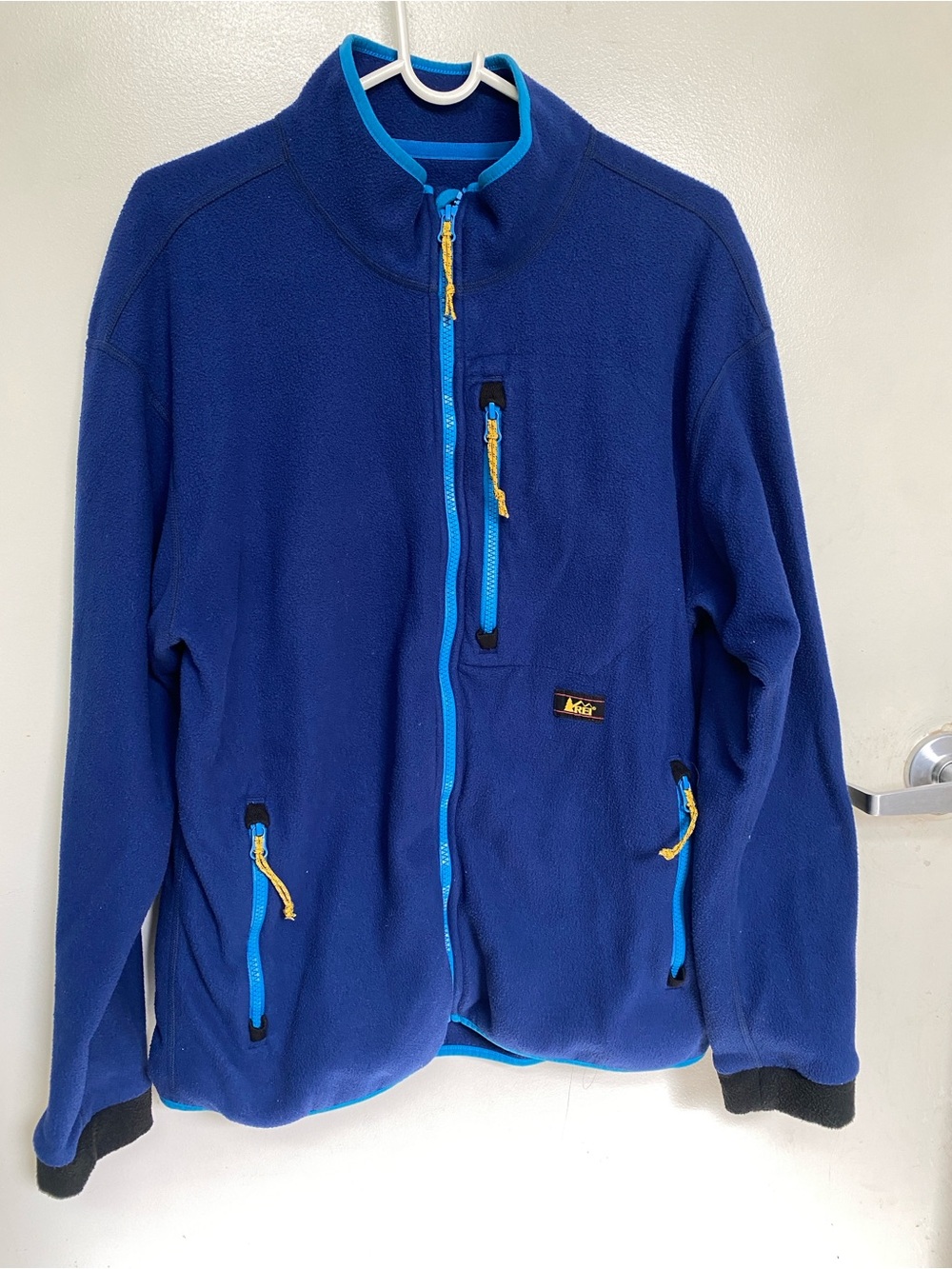 REI Royal Blue Fleece Jacket with Aqua Trim and Yellow Accents